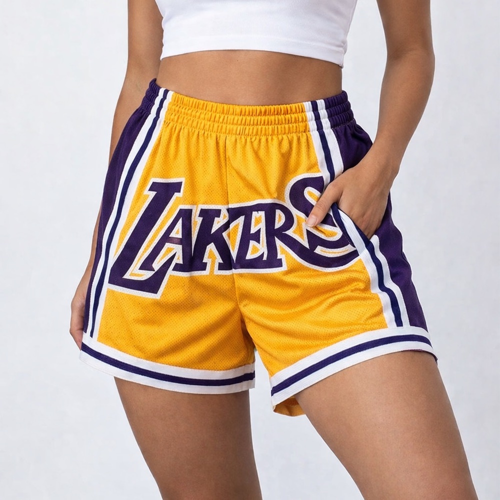 Mitchell & Ness Women’s LA Lakers Big Face NBA Shorts Gold Purple‎ size medium